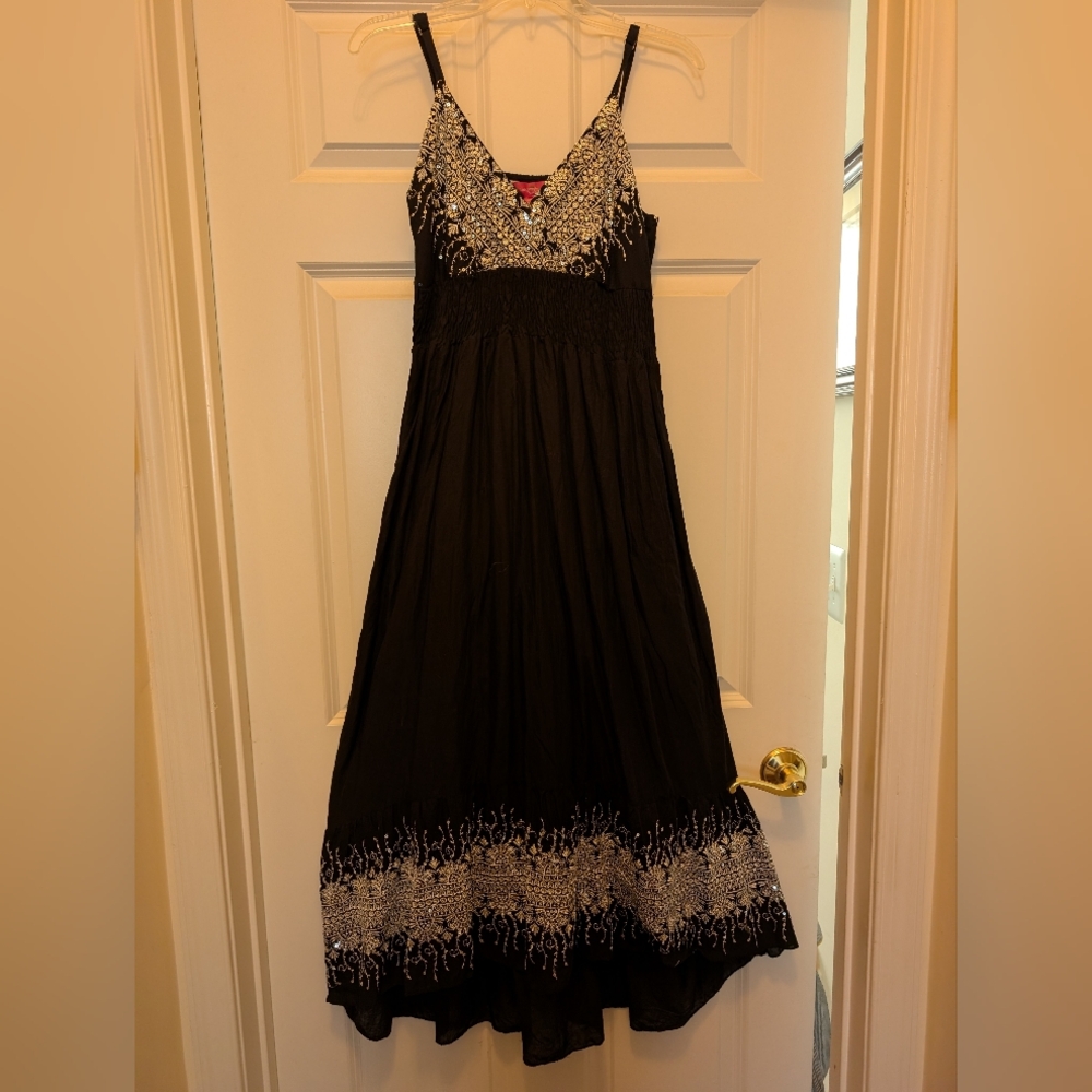 BOHO Chic PINK Apple Black Maxi Dress with Embroidery and Silver Sequins